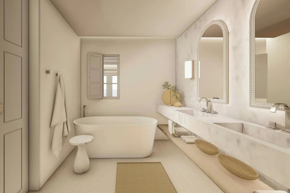 Modernes Badezimmer mit freistehender Badewanne und großzügigem Waschtisch.