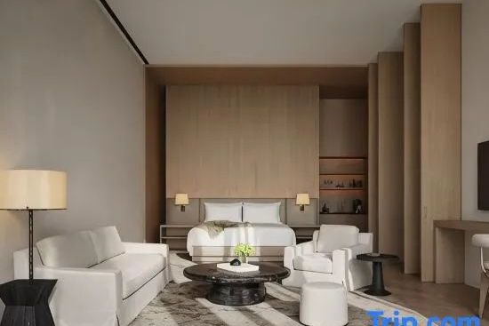 Luxuriöses Doppelzimmer im minimalistischen Design mit bequemem Doppelbett und Loungebereich