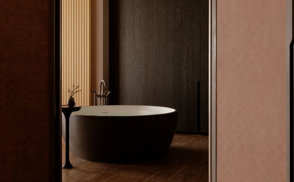 Elegantes Badezimmer mit freistehender Badewanne und Holzelementen.