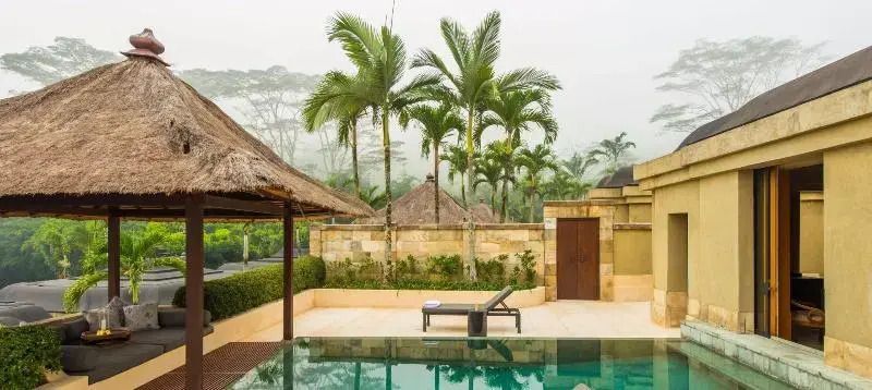 Klares Wasser im privaten Pool mit Palmen und leichtem Nebel.