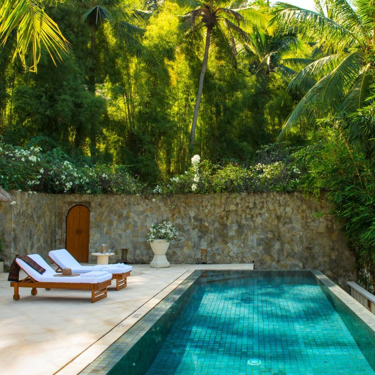 Privater Pool mit Sonnenliegen umgeben von üppiger tropischer Vegetation.