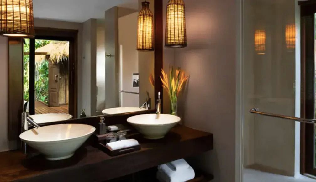 Modernes Badezimmer mit großem Spiegel und eleganten Leuchten in der Lagoon Pool Villa