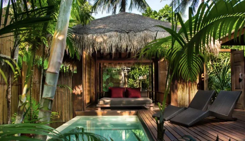Privater Außenbereich der Lagoon Doppel Pool Villa mit Pool und tropischen Pflanzen