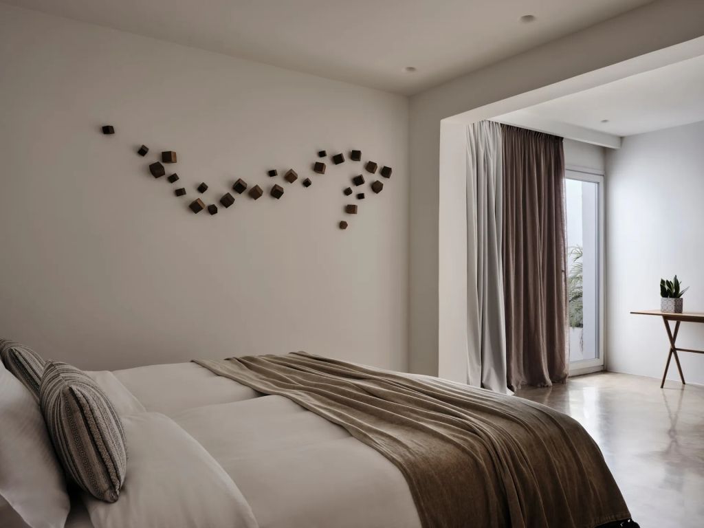 Stilvoll eingerichtetes Schlafzimmer mit kunstvoller Wanddekoration und Flügeltür