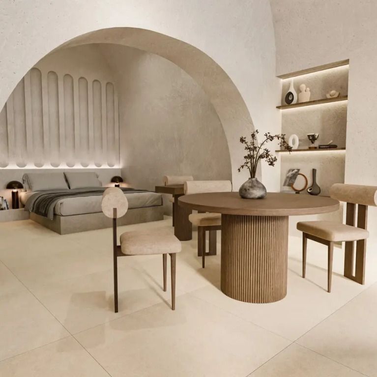 Elegantes Schlafzimmer mit Esstisch und moderner Dekoration. Helle, minimalistische Einrichtung