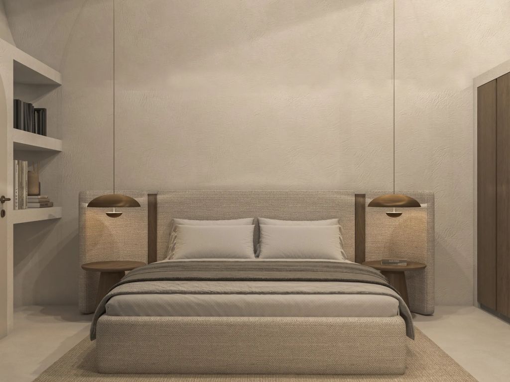 Elegantes Schlafzimmer mit großen Bett und stilvollen Nachttischen