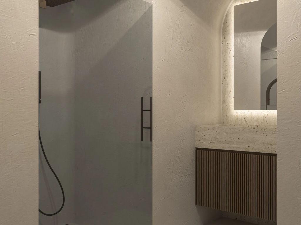 Luxuriöse Dusche mit Glaswand und stilvollem Waschtisch