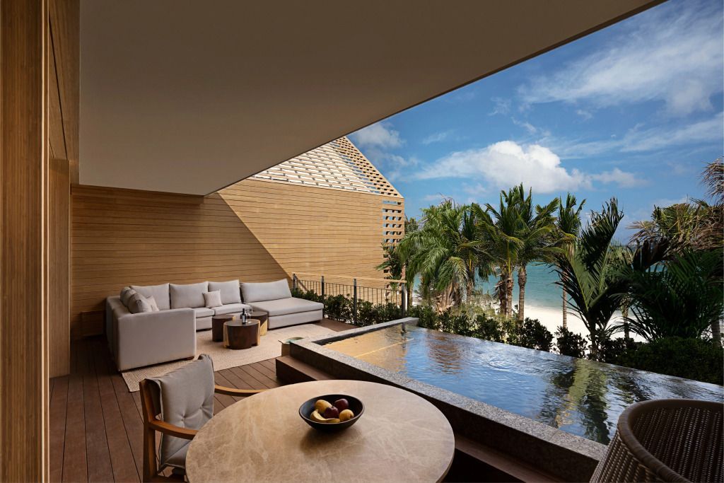 Terrasse mit privatem Pool und Meerblick im Banyan Tree Mayakoba.