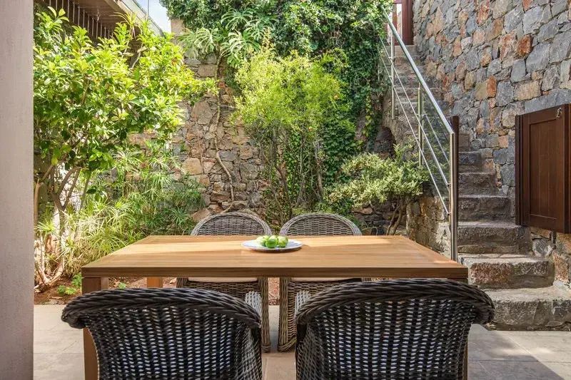 Privater Gartenbereich mit Holztisch und geflochtenen Stühlen umgeben von Grünpflanzen