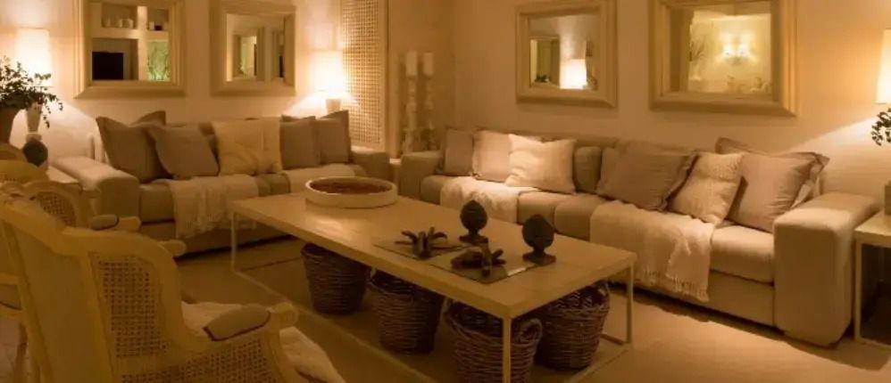 Luxuriöses Wohnzimmer mit bequemen Sofas und stimmungsvoller Beleuchtung