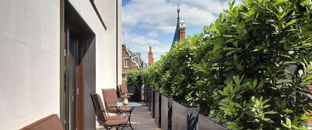 Terrasse mit Pflanzen und Blick auf Stadtgebäude