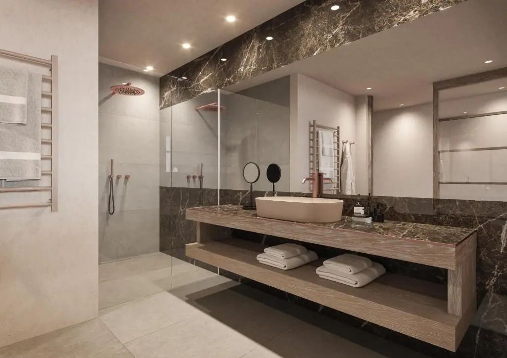 Modernes Badezimmer mit Doppelwaschbecken und Regendusche