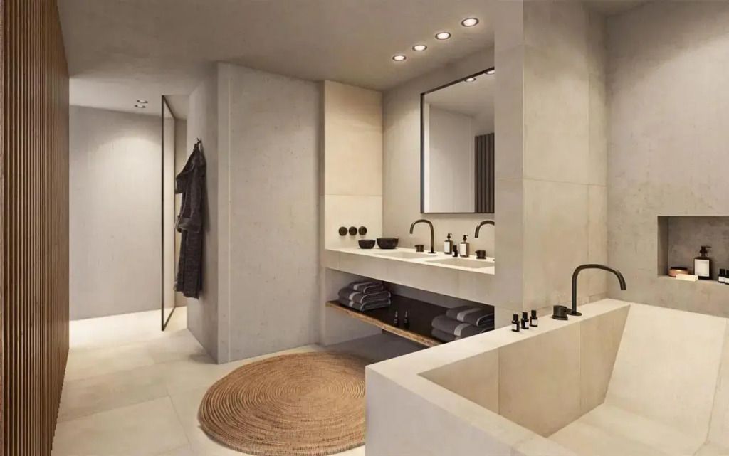 Elegantes Badezimmer mit Doppelwaschbecken und modernen Armaturen