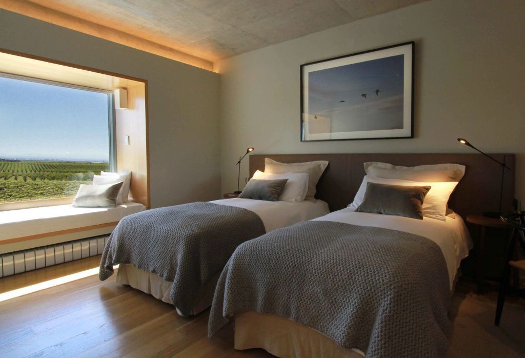 Zweibettzimmer mit modernem Design und Fenster zum Weinberg