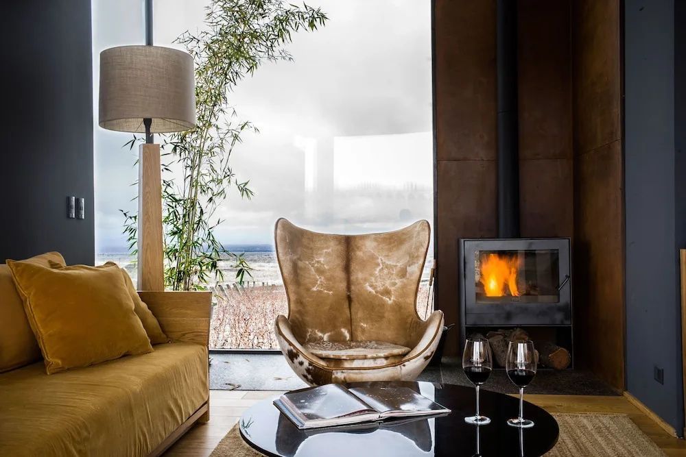 Moderner Wohnbereich mit Kamin und Aussicht auf die Weinberge