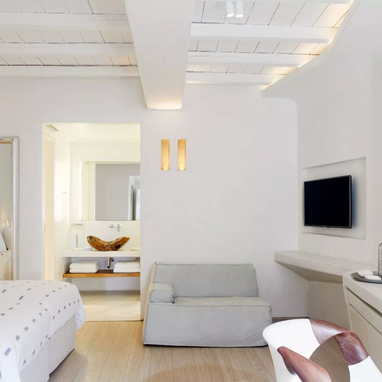 Modernes Zimmer mit gemütlichem Sofa und integriertem Badezimmer-Design