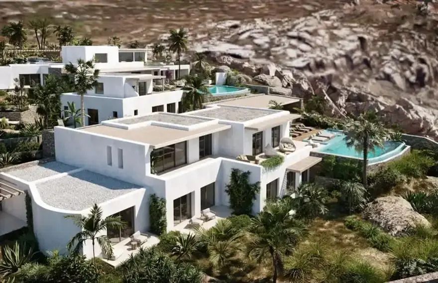 Moderne weiße Villa mit privaten Pools und mediterraner Umgebung auf Mykonos