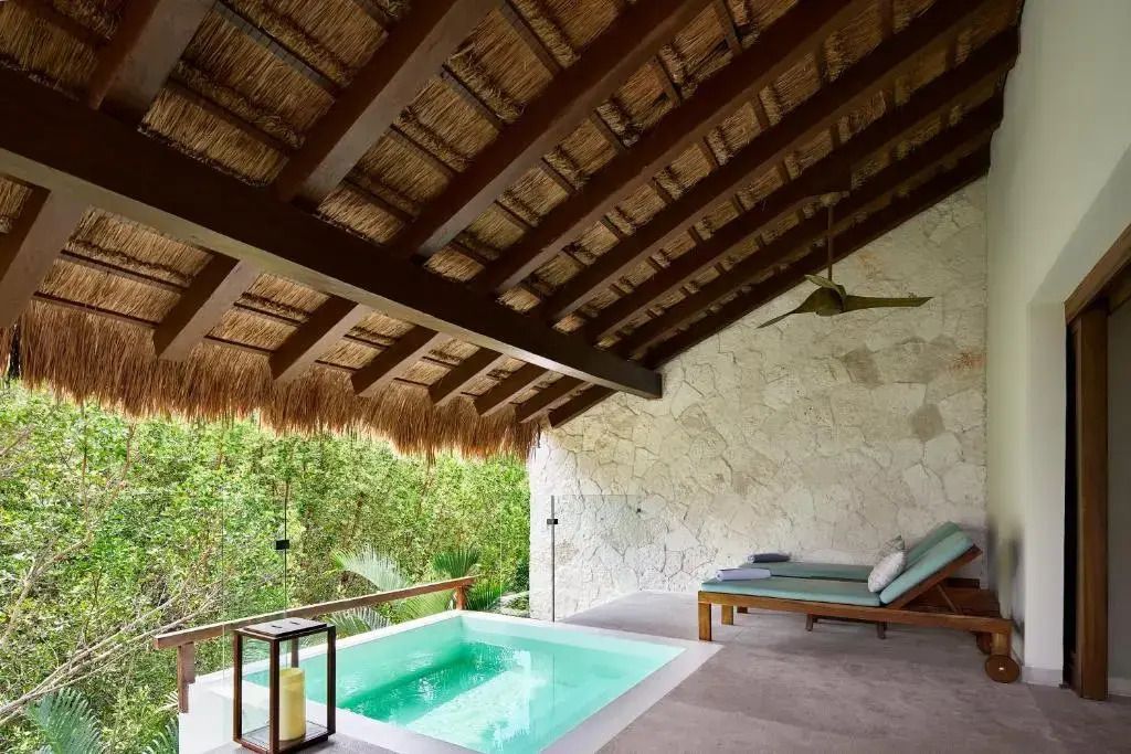 Private Terrasse mit Pool und Sonnenliegen in tropischer Umgebung