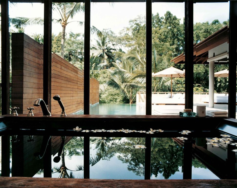 Atemberaubender Blick von der Badewanne auf tropische Natur durch große Fenster.
