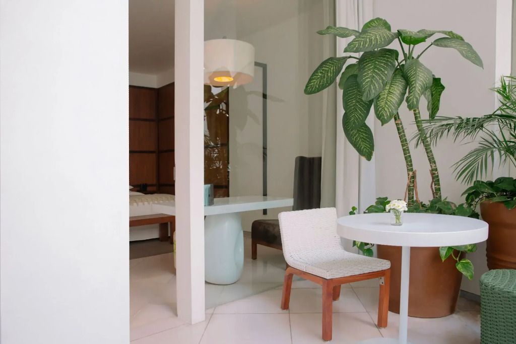 Einladender Sitzbereich im Hotelzimmer mit grüner Pflanze und minimalistischem Design