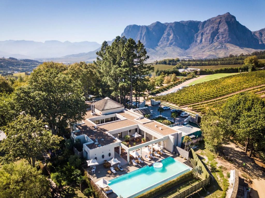 Luxusvilla umgeben von Weinbergen mit Blick auf Berge und Infinity-Pool im Vordergrund