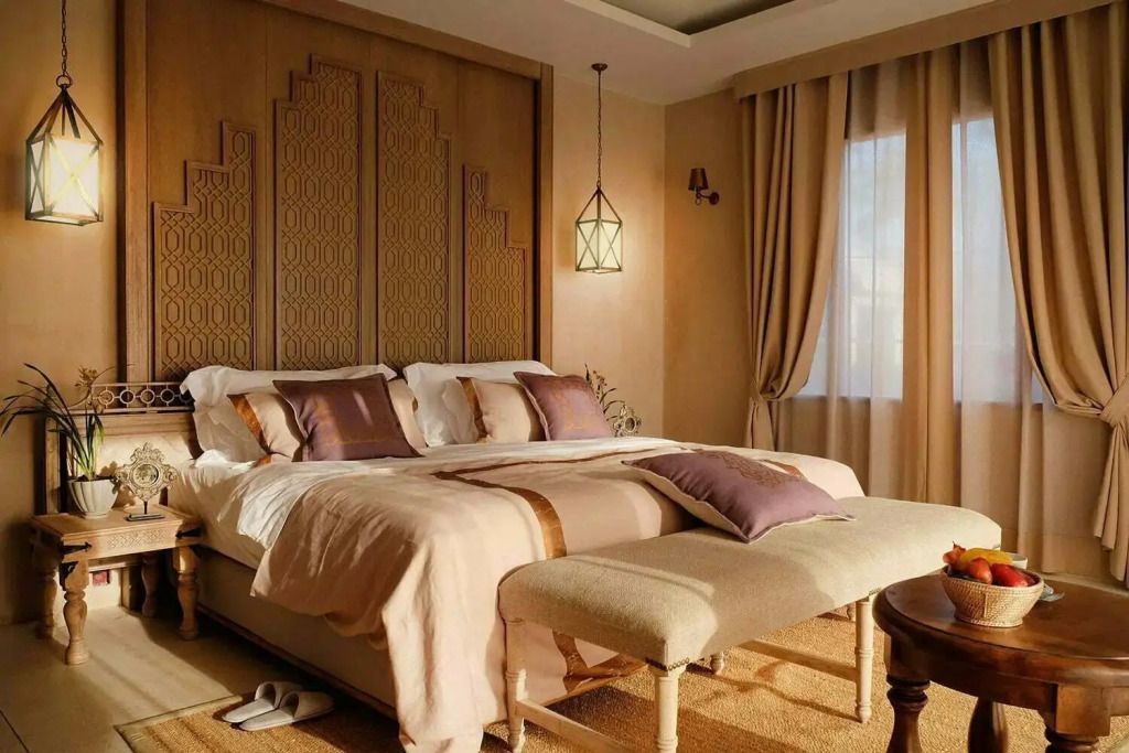 Luxuriöses Doppelbett in stilvollem Zimmer mit sanften Farben und eleganter Beleuchtung