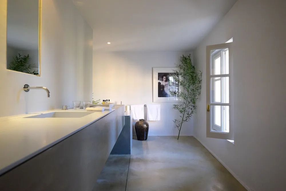 Minimalistisches Badezimmer mit modernen Elementen und Pflanze