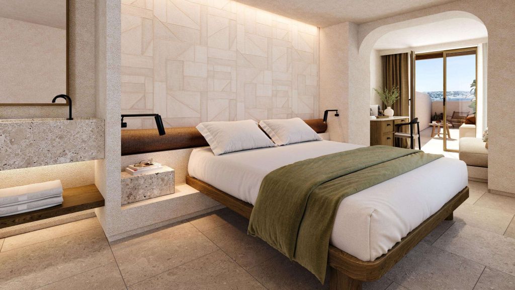Modernes Hotelzimmer mit elegantem Doppelbett und minimalistischer Dekoration