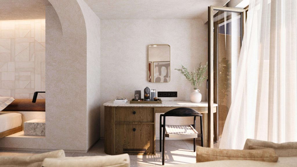 Eleganter Schreibtischbereich in einem modernen Hotelzimmer mit Dekoration