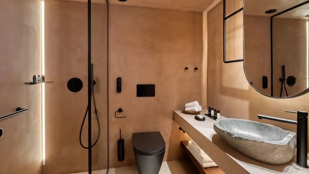Geräumiges Bad mit Dusche, WC und Kosmetikartikeln auf der Ablage