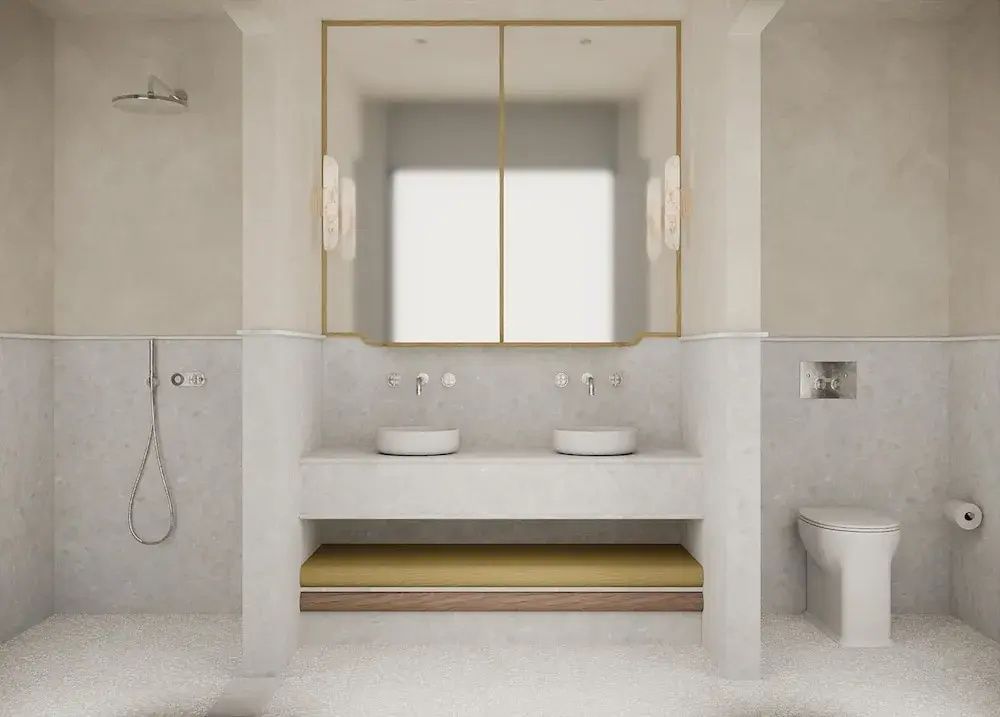 Modernes Badezimmer mit Doppelwaschbecken und großen Spiegeln in einer Hotelsuite