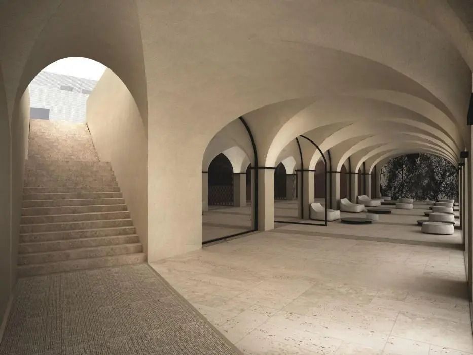 Eleganter Spa-Bereich mit gewölbten Decken und minimalistischen Sitzgelegenheiten
