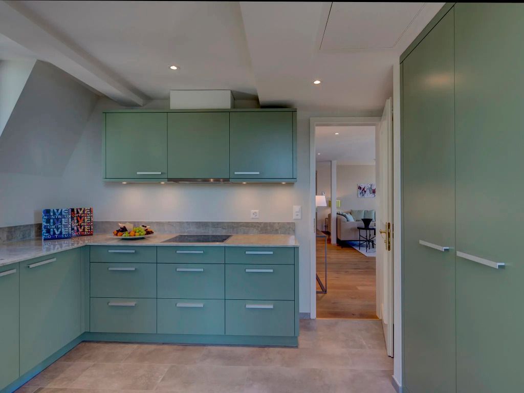 Moderne Küche mit grünen Schränken und Zugang zum Wohnraum