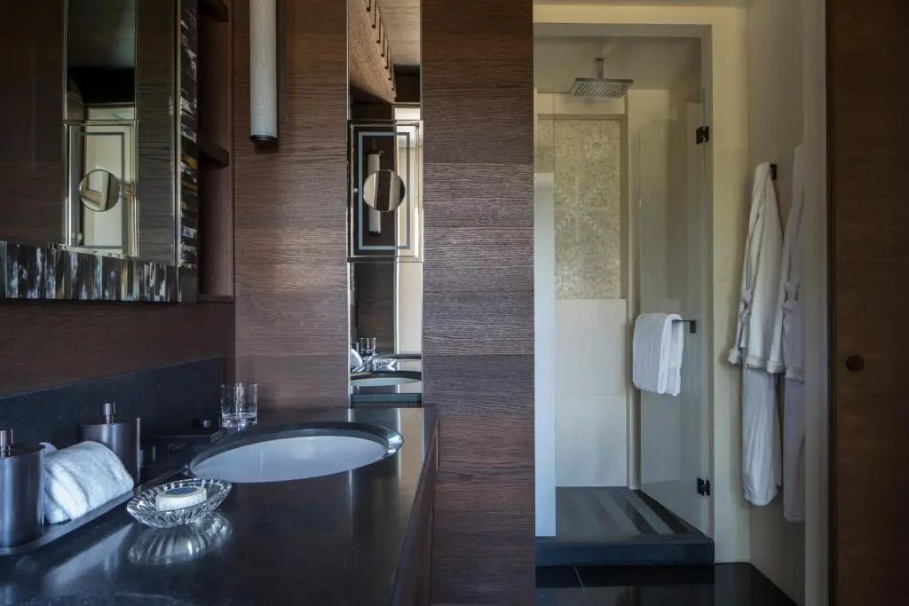 Edles Badezimmer mit großer Dusche und Holzverkleidung