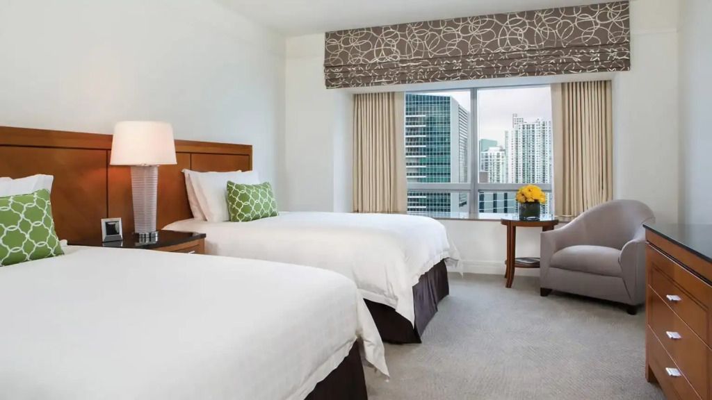 Zweibettzimmer mit großen Fenstern und Stadtblick in einem gehobenen Hotel