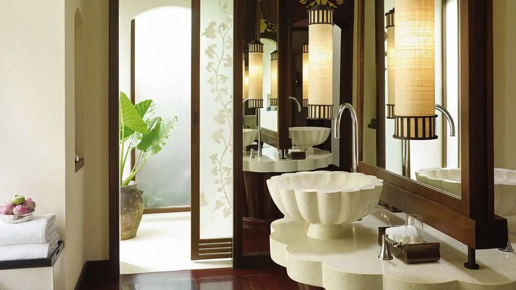 Modernes Badezimmer in der Pool-Villa mit eleganter Waschschale und großen Spiegeln