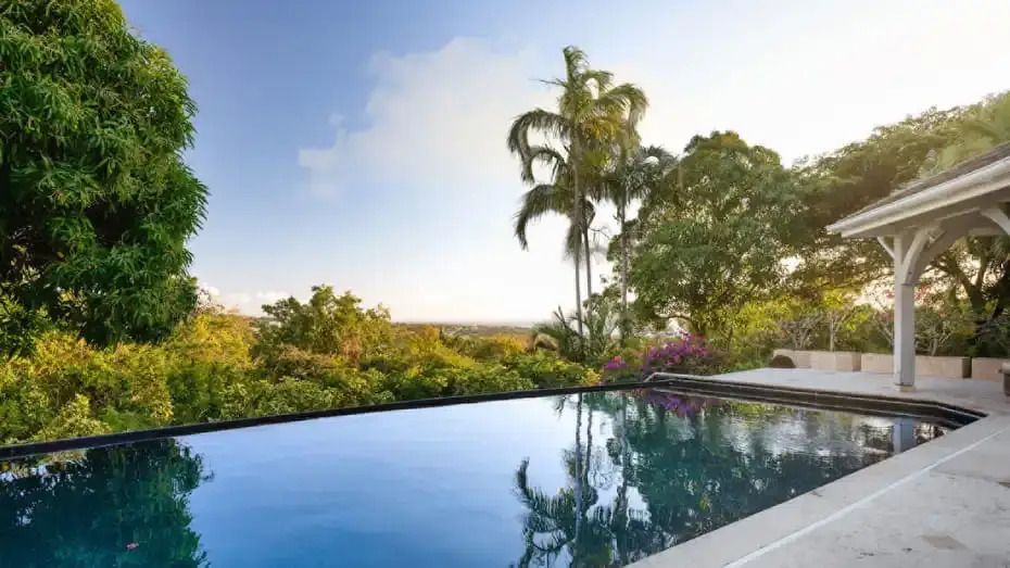 Infinity-Pool mit Blick auf tropische Vegetation und Palmen
