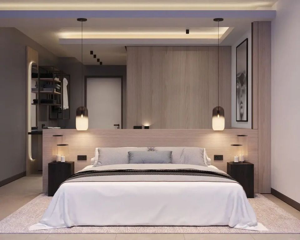 Modernes Schlafzimmer mit elegantem Doppelbett und stilvollen Leuchten