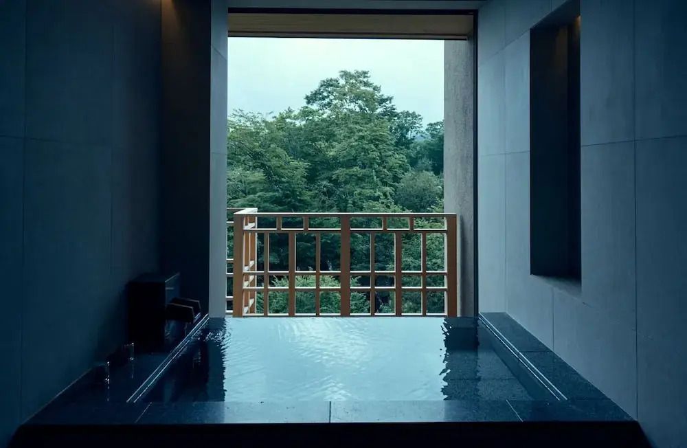 Badewanne mit Wasser gefüllt und Ausblick auf grüne Natur durch ein großes Fenster