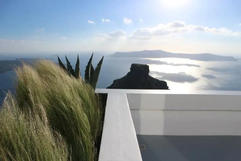 Gräser und Pflanzen mit malerischem Meerblick und Felsen im Hintergrund
