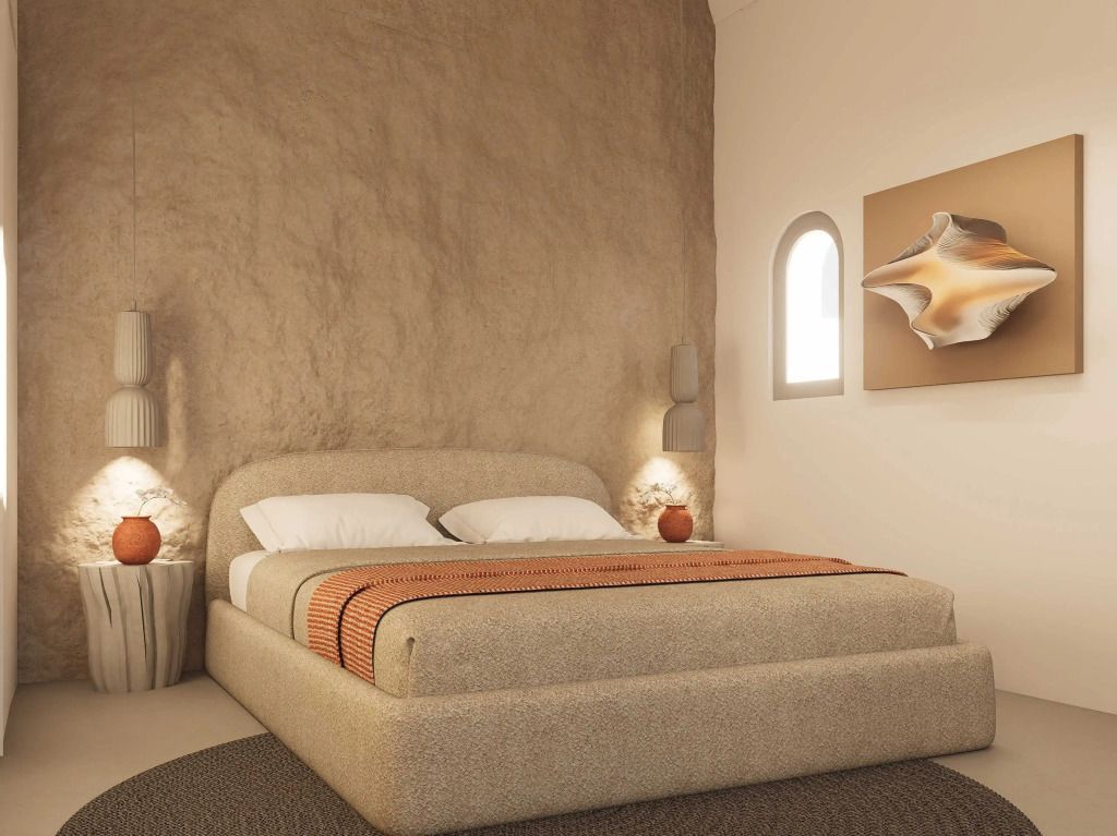 Schlafzimmer mit modernem Bett und Kunst an der Wand