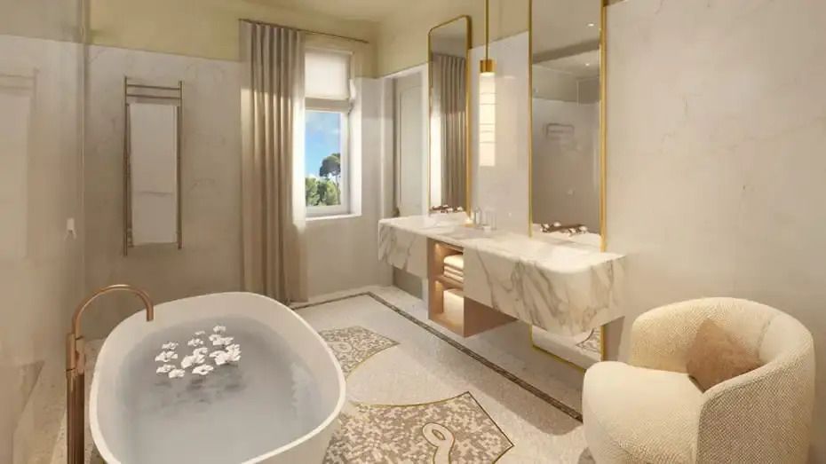 Elegantes Badezimmer mit freistehender Badewanne, Doppelwaschbecken und Marmorakzenten