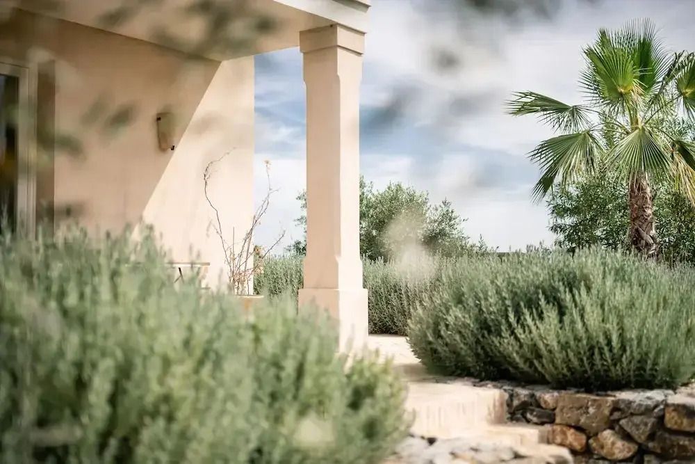 Mediterrane Villa-Terrasse mit Säulen und üppigem Pflanzenbewuchs.
