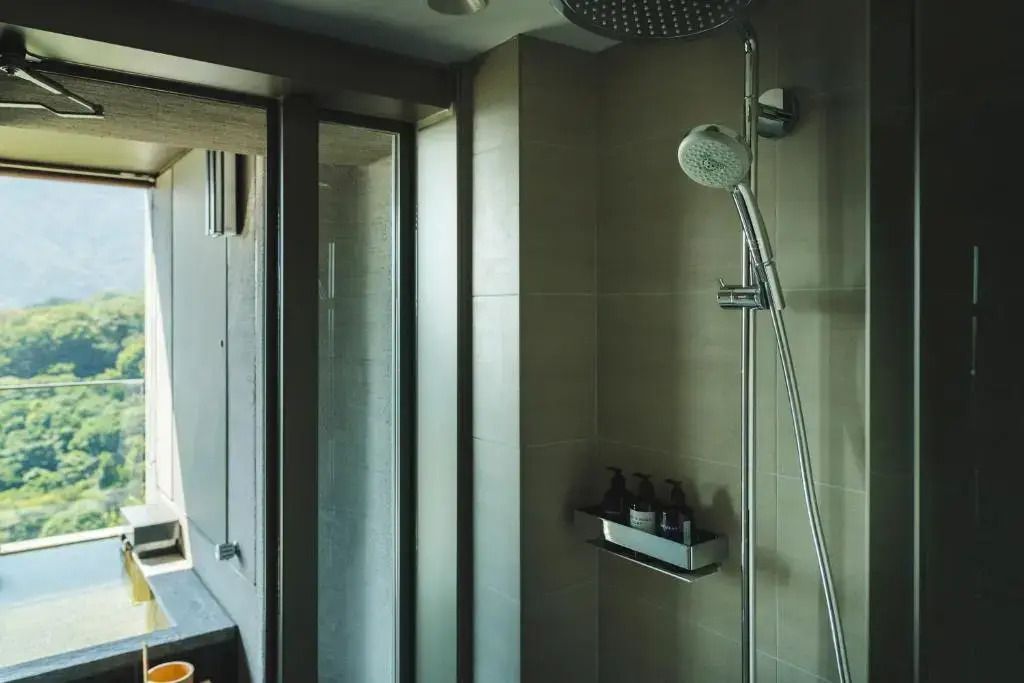 Luxuriöse Dusche mit Regenduschkopf im Deluxe-Zimmer mit Freiluftbad