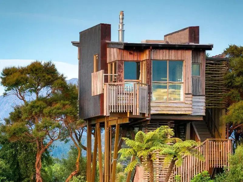 Baumhaus mit modernem Design von grüner Landschaft umgeben