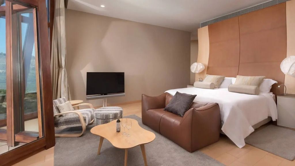 Moderne Sitzecke mit Fernseher und Ledermöbeln in Präsidenten Suite