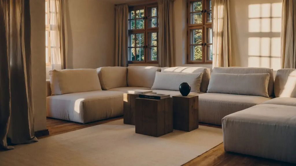 Elegantes Wohnzimmer mit großen Fenstern und stilvollen Möbeln