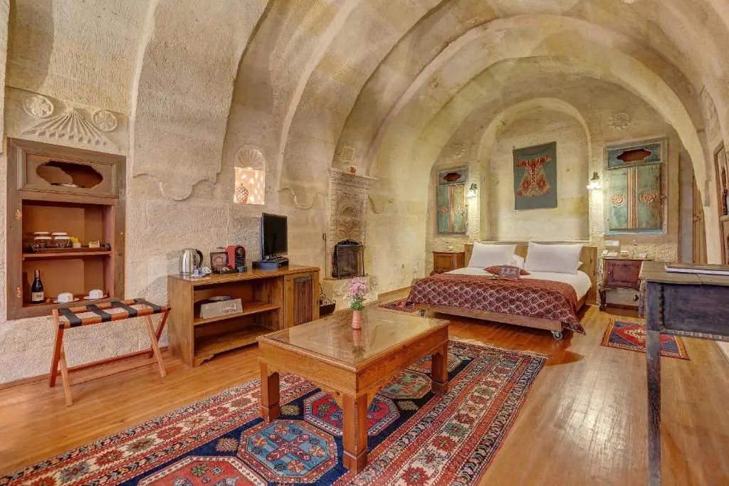 Geräumiges Zimmer mit Steinwänden, Holzboden, Kamin und traditionellem Teppich