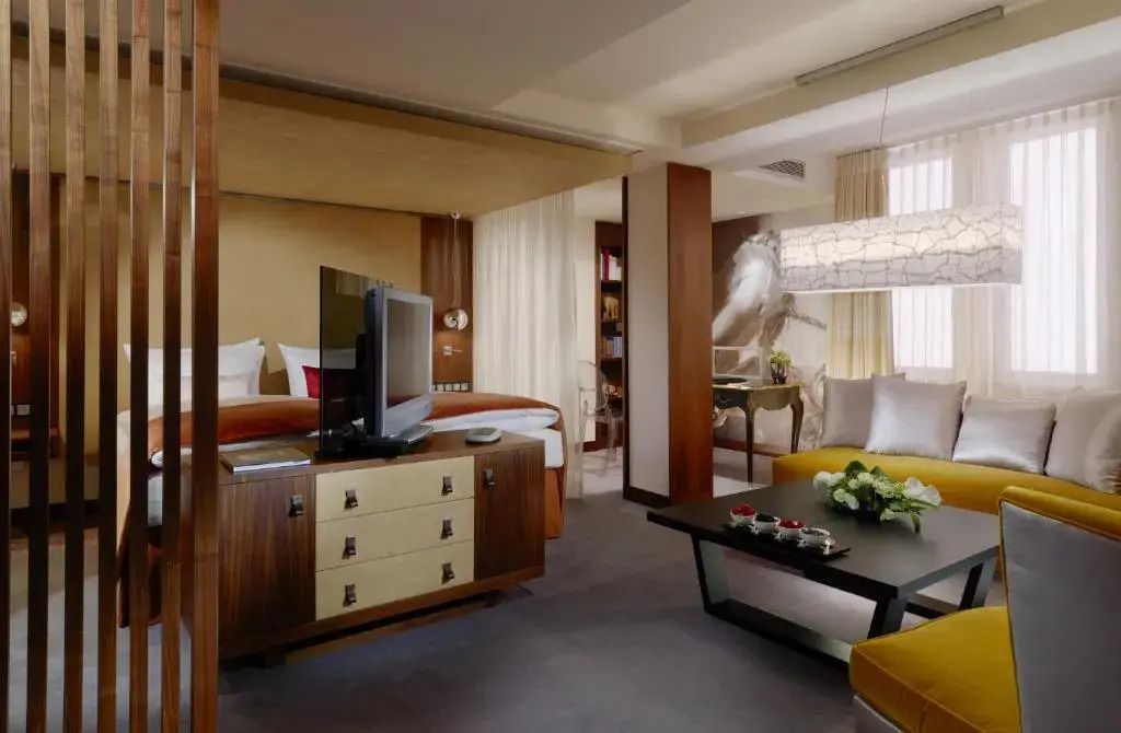 Offene Suite mit modernem Dekor und Holzdetails im Wohn- und Schlafbereich.