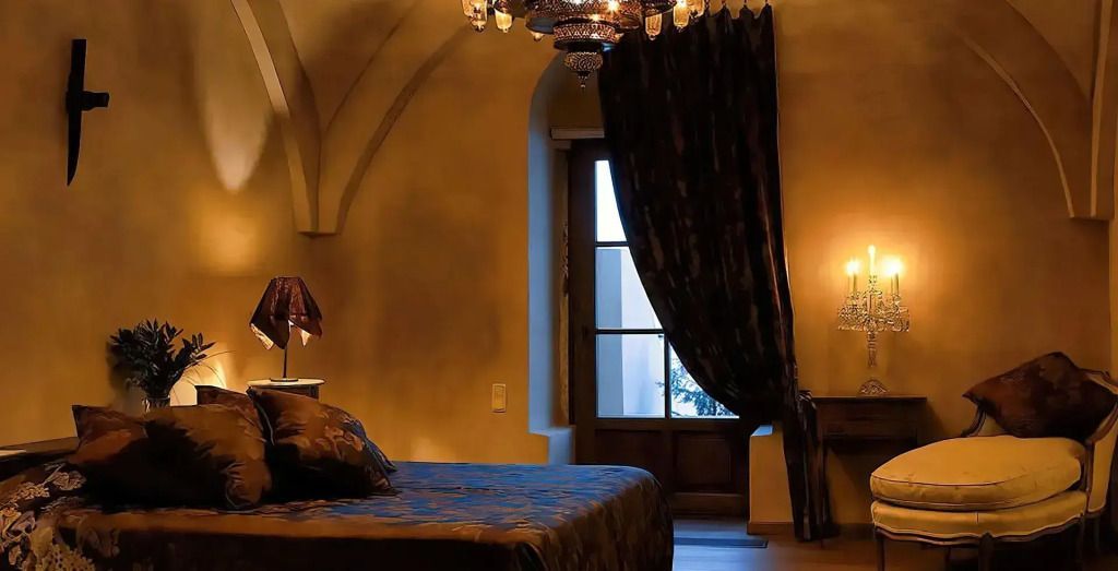 Gemütliches Schlafzimmer mit edler Beleuchtung und Vorhängen